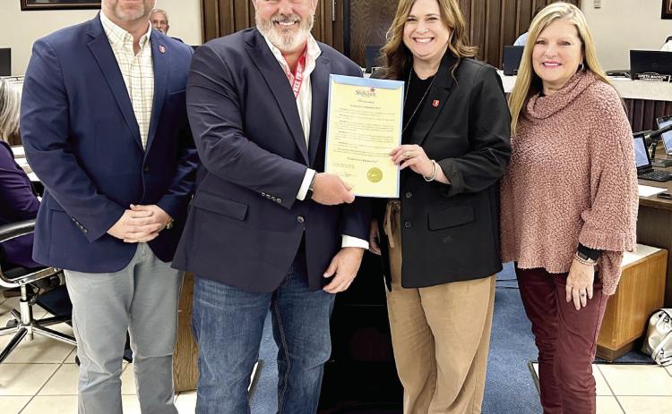Mayor Eric Stephens declares Feb. 14 as “United Acts of Kindness” day. First United Bank (FUB) representatives accepting the proclamation are (pictured from left) the new Shawnee FUB President Brock Fletcher, Stephens, Spend Life Wisely Ambassador, Assistant Vice President Amanda Johnson, and Program Director Phyllis Bolt. Photo provided