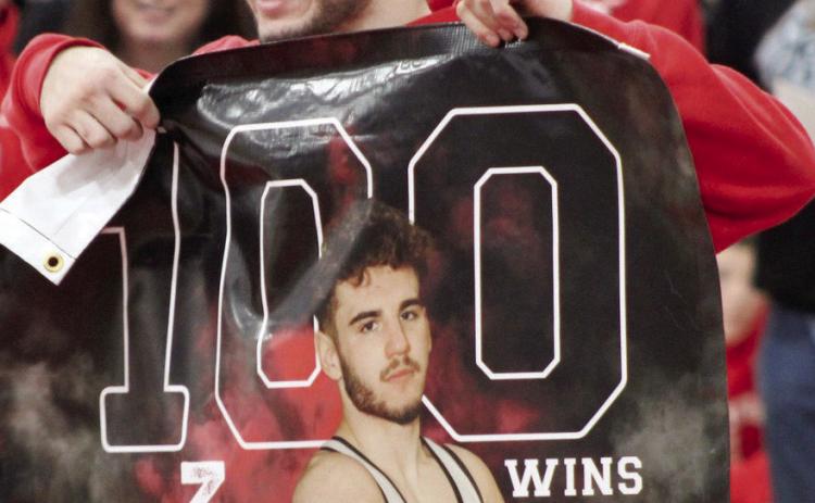 McLoud senior Kaiden Cue had his 100th high school wrestling career win on Jan. 11 at the Tecumseh Dual Meet. Photo provided.