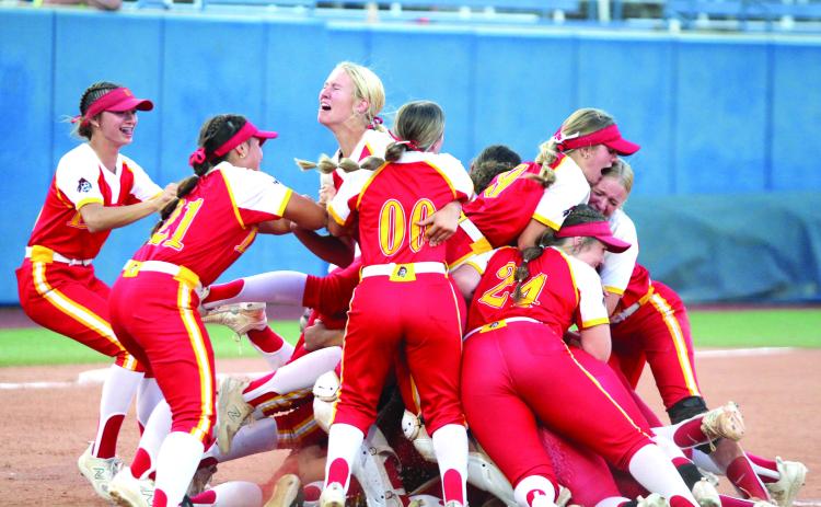 The Dale Lady Pirates Fast-Pitch Team makes a dogpile after winning the OSSAA Class 2A Fast-Pitch Softball State Championship, held at Devon Park in OKC on Oct. 12. The Lady Pirates topped Howe, 10-0, on Oct. 10, and beat Oktaha, 2-0, on Oct. 11, before narrowly claiming victory with Pocola, 1-0. The score was 0-0 until the bottom of the seventh inning when Dale finally got one across home plate. Their record this season is 42-1. Countywide & Sun/Natasha Dunagan