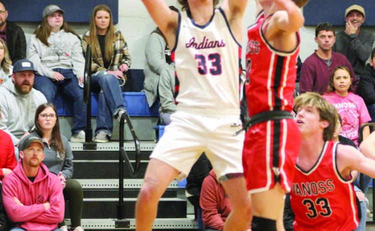Asher’s Jordyn Litson sinks his jump shot in the first quarter of the Jan. 12 home game with Vanoss. The Indians won, 55-44. Countywide & Sun/Natasha Dunagan