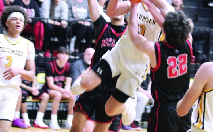 Tecumseh senior Creed Wright jumps for the basket and is fouled during the Feb. 3 home game against McLoud. The Savages won 70-64 in overtime. Photos by Natasha Dunagan, Countywide & Sun