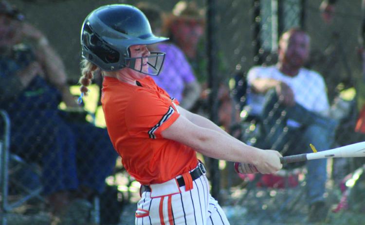Maud’s Makalee Harrell hits a home run in the second inning of the home game with Vanoss, Aug. 28. The Lady Tigers lost, 1112, making their record 9-7. Countywide & Sun/Natasha Dunagan