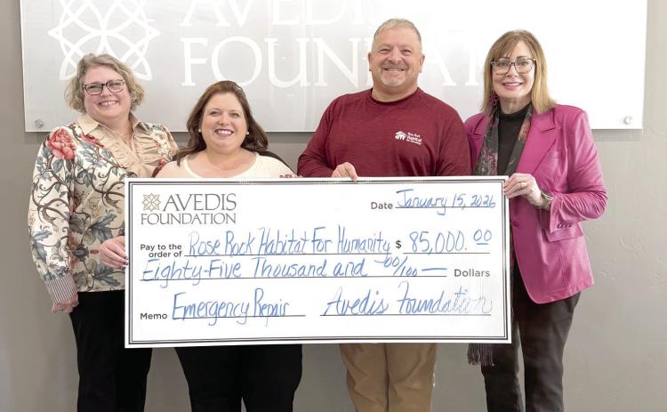 Pictured from left: Tracy Meeuwsen, Senior Program Director-Data Analyst Avedis Foundation; April Grant, Community Engagement Coordinator Rose Rock Habitat for Humanity. Randall E. Gardner, President &amp; CEO Rose Rock Habitat for Humanity; and Kathy Laster, Ph.D., President &amp; CEO Avedis Foundation. Photo provided by Avedis Foundation