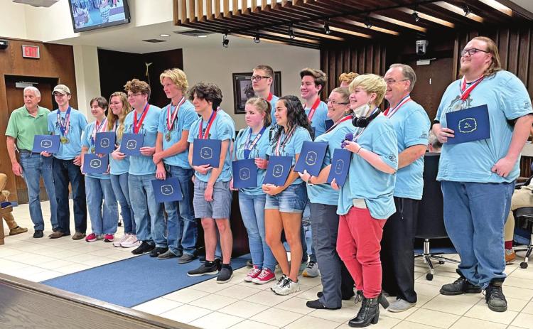 Gordon Cooper Technology Center Robotics Team, Sprockets FIRST Team #2341, is presented with a certificate of recognition during the Shawnee City Commission meeting Monday, May 16. The team won the Engineering Inspiration Award at the 2022 FIRST Championship in Houston. Countywide &amp; Sun/Loren Knight
