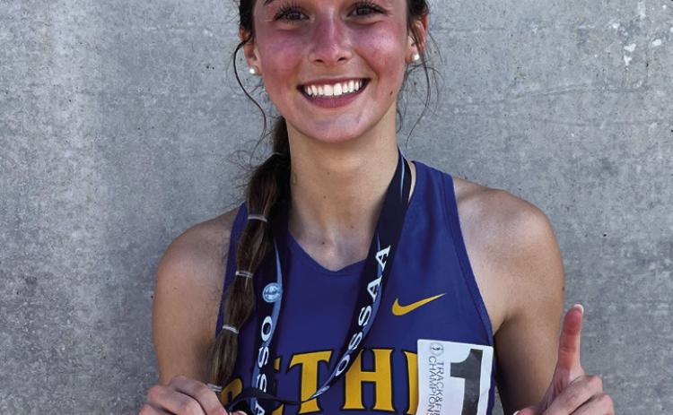 Baylee Tapley of Bethel won first place in the 3,200-meter race at the Track and Field State Championships last month. She also placed fifth in the 800-meter race. Photo provided