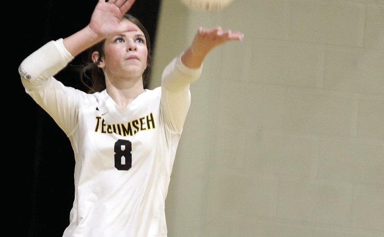 Tecumseh's Libero, Alexis Sipes, starts her serve during the Sept. 1 home match against Blanchard. The Lady Savages lost, 2-3, in five sets. Their next home match will be on Sept. 15 against Chickasha. Natasha Dunagan, Countywide &amp; Sun