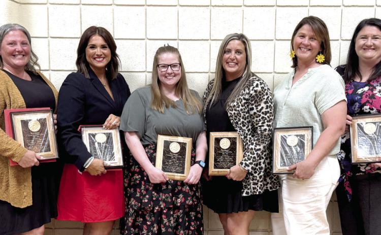 Terri Williams, Amber O'Shell, Kara McLain, Angela Paige, Ashley Steward, Angie Henson, Jennifer Lewis and Katie Marrs were honored at the Tecumseh Chamber of Commerce Teacher Luncheon on April 21. Photos by Julie Talton, Countywide & Sun