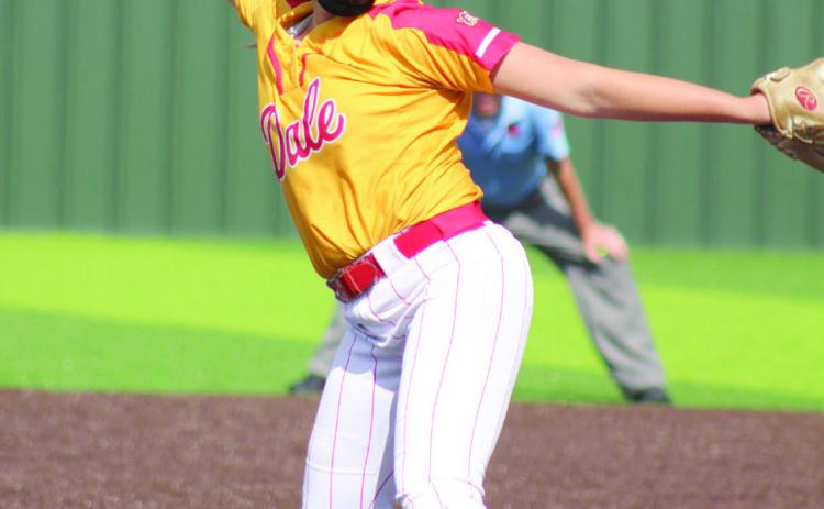 Dale junior Kinsley Hill winds up her pitch in the Class 2A State Fastpitch Softball Quarterfi nals on Oct. 5. Hill reached the milestone of 500 strikeouts on Sept. 14. Countywide &amp; Sun/ Natasha Dunagan
