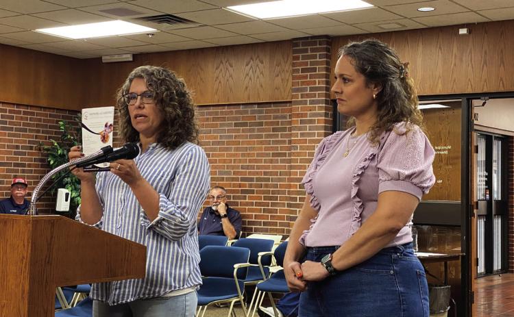 Amber Crawley and Emily Stinnett address the board on behalf of Honor Academy in hopes of gaining the use of Slick Humphrey Park for a fundraising event on Sept. 14, 2024 for their new school slated to open in January. Countywide &amp; Sun/Julie Talton