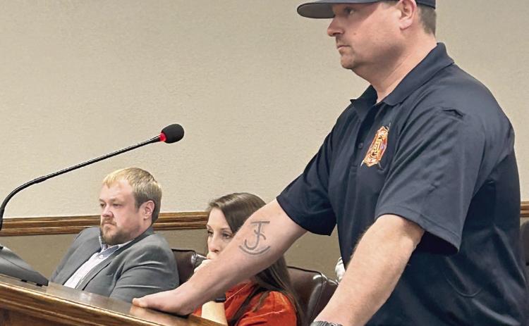 McLoud Fire Chief Josh Jenkins addresses the City Council with a request to change dispatch services for the Fire Department. Jenkins said the McLoud Police Department is happy with the services they receive from Central Dispatch and will not make the transition. Only the Fire Department will make the move by January 2025.
