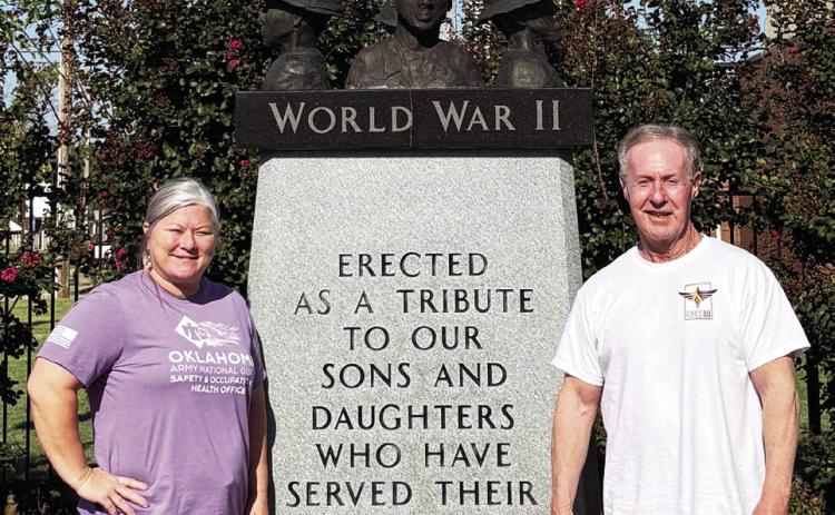 Tecumseh Chamber President, Kim Elliott poses next to Force 50 Project Coordinator Pete Reed, MAJ (Ret) . Teccumseh was stop 22 of 100 for the 100 towns in 100 days funding campaign that will encompass all 77 counties. Photo Provided