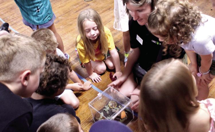 Children look into an acrylic box where an African millipede lives, as OKC Zoo Outreach Supervisor Laynie Rodzon tells them more about the detritivore during the "Pollinator Pals: Fluttering Fun with the OKC Zoo" McLoud Public Library program, held at the American Legion on June 11. Today (June 18), "Tunes and Tales with Erin Yeaman" will be presented by the McLoud library at the American Legion at 11 am. Photos by Natasha Dunagan, Countywide & Sun