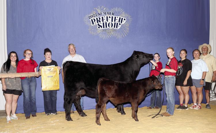 Taycie Baker placed first for her Division 5 Cow/Calf Pair of Ruby and Bubba during the 13th Annual Ron Wayland Memorial Oklahoma Limousin Field Day earlier this month. Her friend Callie Loman, both of Bethel, helped by showing the two-month-old calf. Shown, from left, are Annie Jo Gilbert, Grace Loman, Suzanne Gilbert, Randy Gilbert, Baker, Loman, Morley Griffith, Twana Griffith and Matt Griffith. Photo provided by Suzanne Gilbert