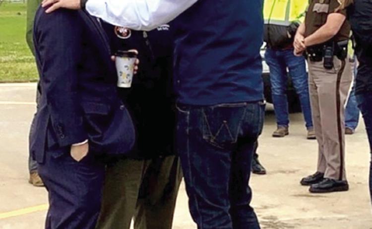 Sen. Shane Jett, R-Shawnee, Rep. Dell Kerbs, R-Shawnee, and Gov. Kevin Stitt on the scene of tornado destruction in Shawnee. Photo provided