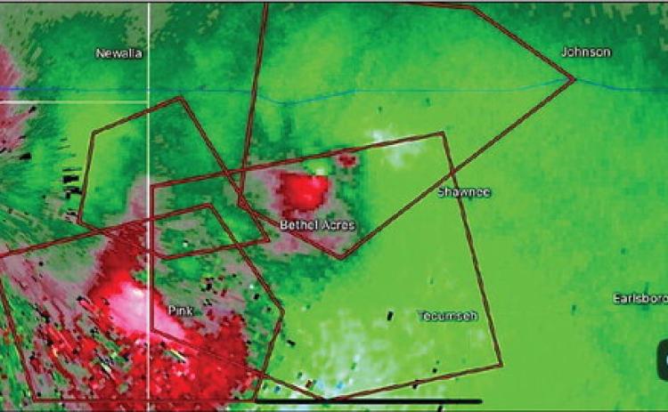 All three areas of rotation are included in this radar photo. William Austin Weaver says the spot of pink is the rotation that formed the tornado that hit Shawnee. Photo provided