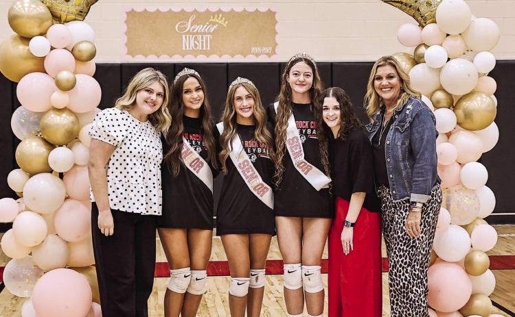 Celebrating NRC Volleyball Senior Night on Oct, 1: Assistant Coach Lyla Baker, Carly McCaslin, Lily Dyer, Amy Haynes, Head Coach Anna Muehieweg, and Assistant Coach Shelli Watkins.