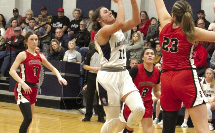 Asher’s Cadence Leba makes her jump shot and gets the foul in the fourth quarter of the Senior Night home game with Stratford, Feb. 2. The Lady Indians lost, 33-38. They will play in District 3 competition, Feb. 10, at 6 pm, in Asher. Countywide & Sun/Natasha Dunagan
