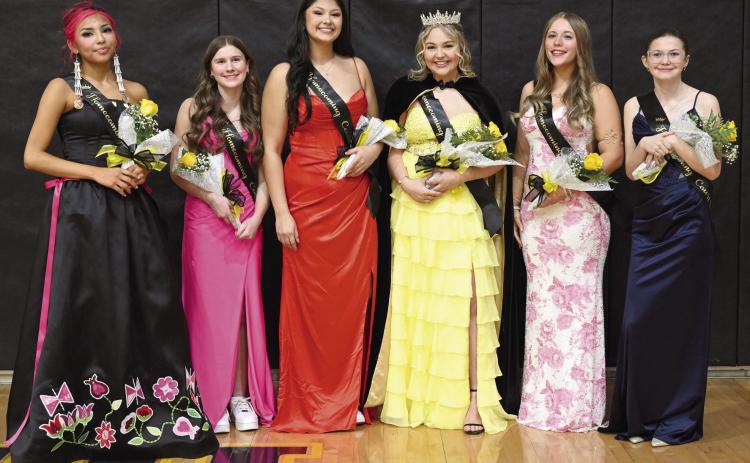 Tecumseh High School held their Basketball Homecoming on Jan. 30. Shown, from left, are junior Livia FourHorns, sophomore Sosi Mitchell, senior Sadie Winlock, senior and Queen Madison Giaudrone, senior Brooklyn Bertram, and freshman Kate Pearcy. Photo courtesy of Kenetta Lisenbee