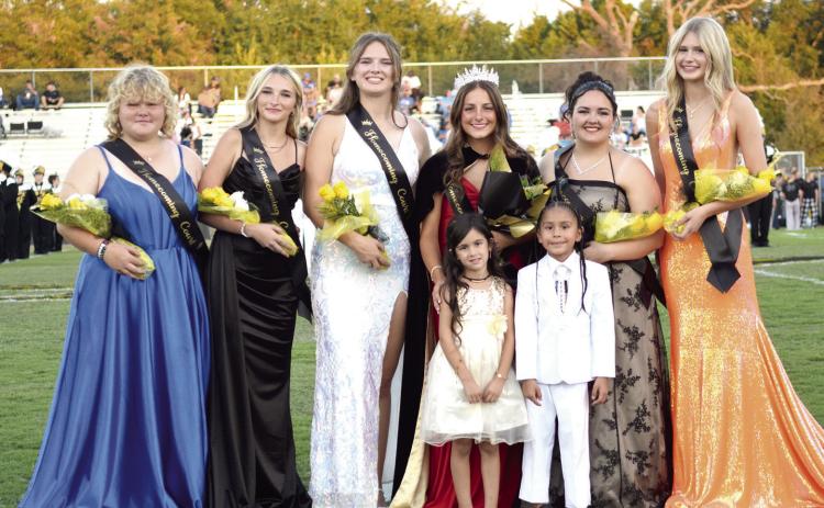 The Tecumseh High School Homecoming Court, on Oct. 3, were Freshman Jaydi Peacock; Junior Brynlyn Blackwood; Senior Adelaide Lack; Queen Cadence Leba; Senior Cheyanna Dietz and Sophomore Makenzie Benge. The flower girl and crown bearer are kindergarteners Amiya Brooks-Rickey and Kalen Shields. Julie Talton, Countywide & Sun
