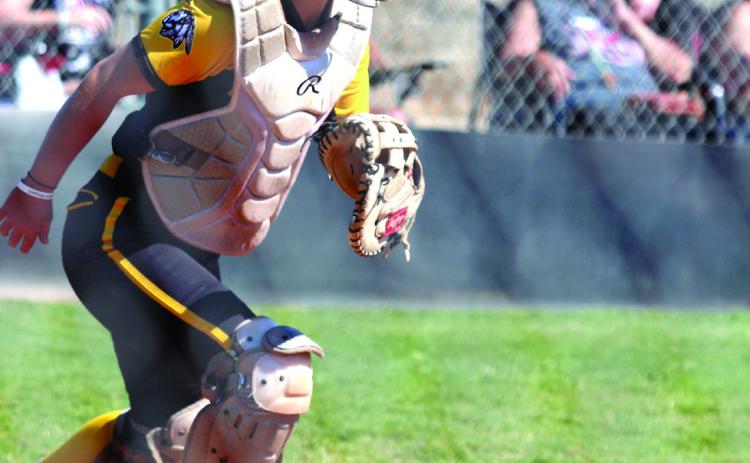 Tecumseh catcher and senior Jessi Hull runs for a bunted ball in the Oct. 3 game with Stilwell during the Class 4A OSSAA Fast-Pitch Regionals. The Lady Savages won that game, 3-1, and lost the game against Poteau, 2-4, the same day. On Oct. 4, they beat Bristow, 11-2, but lost to Poteau, 5-8. Countywide & Sun/ Natasha Dunagan