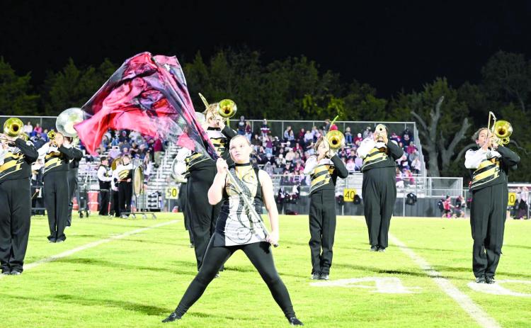 The Savage Pride Marching Band and Color Guard, including Katie Love, foreground, perform during halftime of the Oct. 2 homecoming game.