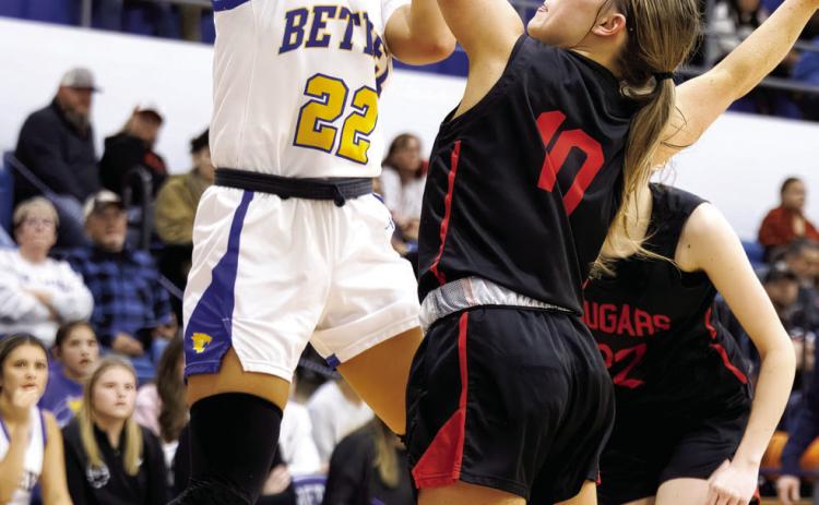 Bethel junior Ava Gascon shoots a three-pointer during the Jan. 17 homecoming game with North Rock Creek. The Lady Wildcats lost, 42-49. Photos courtesy of Richelle Treece.