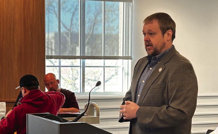 McLoud City Manager Cody Roe addresses the Pottawatomie County Board of County Commissioners regarding American Rescue Plan Act (ARPA) monies reserved for McLoud. Countywide &amp; Sun/Suzie Campbell