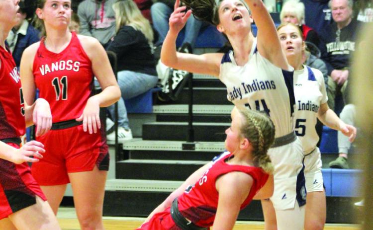 Asher’s Alexis Johnston puts up a shot and draws a foul during the Jan. 12 home game with Vanoss. The Lady Indians lost, 17-46. Countywide &amp; Sun/ Natasha Dunagan