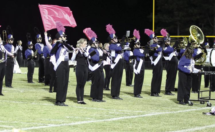 The Bethel High School 2025 seniors in the Pride of Bethel Marching Band play “We Go Together” from “Grease” for their final halftime performance, during the district home game, Oct. 25. Bethel’s Senior Night ceremony was held before the game. Countywide & Sun/Natasha Dunagan