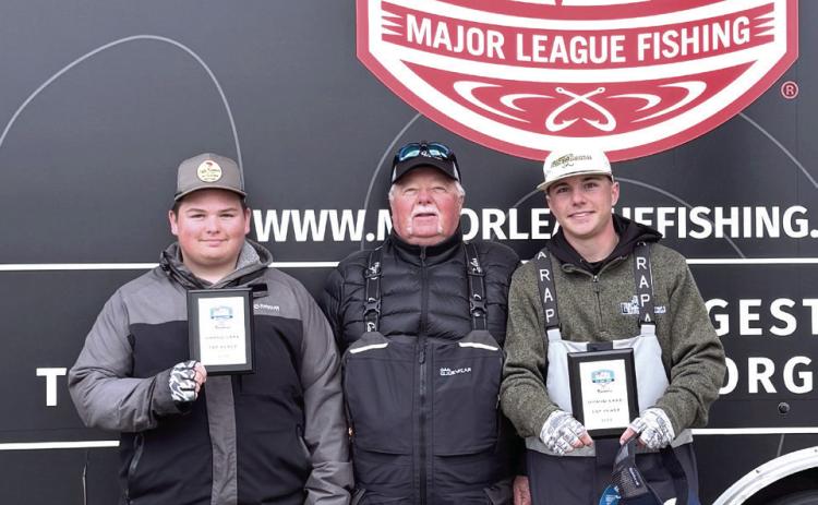 One of Tecumseh High School's fishing teams won first in the Major League Fishing Abu Garcia High School Fishing Tournament on March 8 at Grand Lake in Grove. They will now advance to the national competition. Shown are Alex Hurst, Boat Captain Billy Mitchell and Maddox Dickson. Photo provided by Janell Mitchell