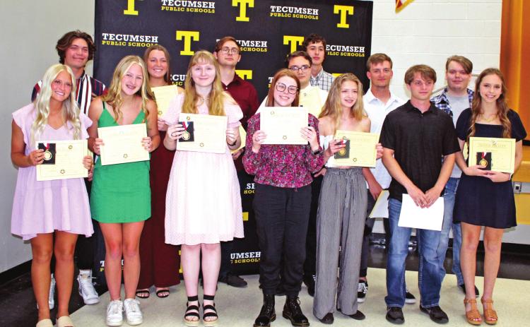 Fourteen seniors received Oklahoma High School Honor Society recognition during the Tecumseh High School Academic Awards Reception on May 3. They are, not in order, Emily Bingham, Lillian Effinger, Dylan Graham, Kyle Gregory, Danny Johnson, Elizabeth Kipps, Jacob Madden, Jaxon Meyers, Olivia Roschli, Hannah Smith, Jacob Smith, Davin Smithee, Cami Stearman, and Lauren Taylor. Countywide &amp; Sun/Natasha Dunagan