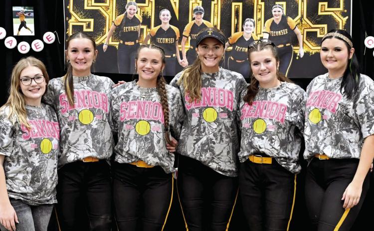 The Tecumseh High School Lady Savages Fastpitch Team celebrated their seniors on Sept. 22. Shown, from left, are Chloe Burks (manager), Jaylie Anderson, Maddie Gray, Haley 'HJ' Mansell, Josie Walker and Jacee Townsend. Photo courtesy of Kenetta Lisenbee