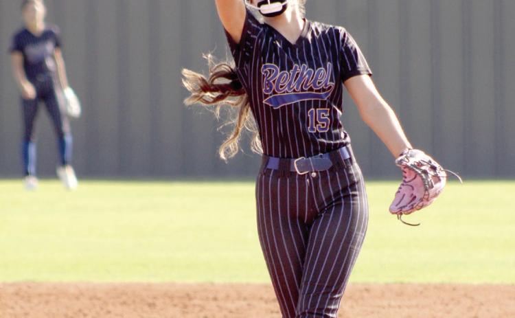 Bethel sophomore Kinley Anthony lofts the ball toward home plate.