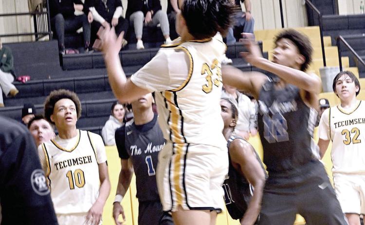 Tecumseh senior Jackson Martin goes to the hoop during the Feb. 11 home game with Mount St. Mary. The Savages lost, 63-88, and will play in the Class 4A District Tournament on Friday, Feb. 21, in Eufaula. Photo courtesy of Kenetta Lisenbee