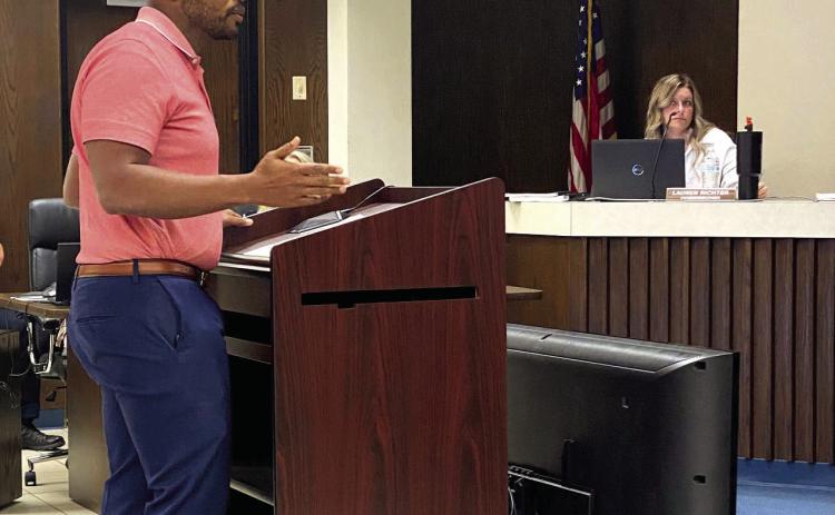 John Bobb-Semple speaks about the recent walk to school day held on Oct. 8, during public comments of the October Shawnee City Commissioners meeting. Julie Talton, Countywide &amp; Sun