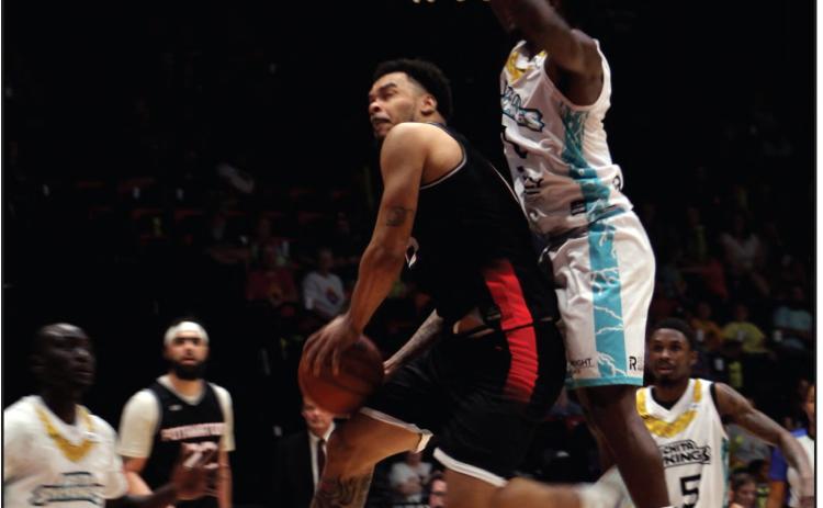 Potawatomi Fire Guard Deshawn Munson goes to the hoop and is fouled in the fourth quarter of the home game with the Wichita Sky Kings on May 25. Munson led with 27 points. Countywide &amp; Sun/ Natasha Dunagan
