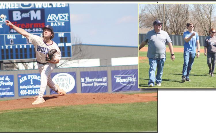 Shawnee senior Easton Odell hurls one over home plate during the first inning of the first home game of the season, March 4. The Wolves beat Del City, 8-0. It was also the first game played with their new electronic scoreboard, sponsored by Arvest Bank, and four associates from Arvest threw out the first pitch(es). Countywide &amp; Sun/Natasha Dunagan