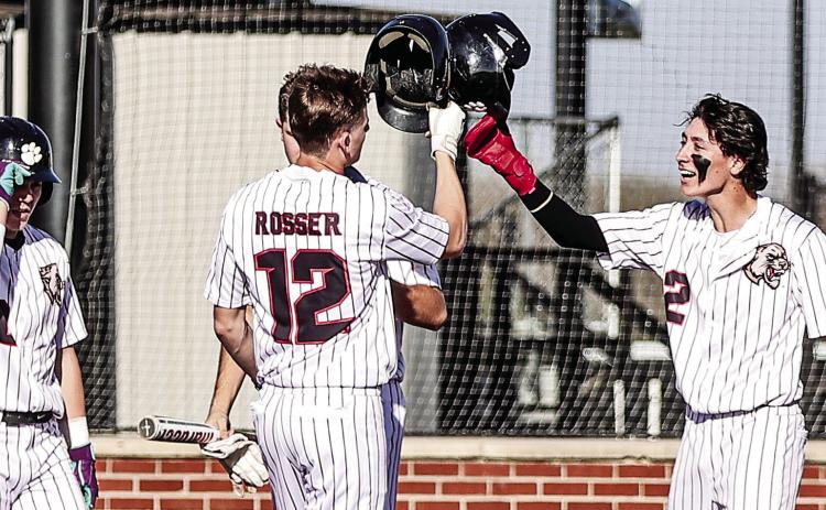 NRC's Landon Rosser celebrated after his 3-run home run. After traveling to Ada on Mar. 23 and losing 11-4, they hosted Ada and won, 5-2, Mar. 24 at home. Photo Courtesy of Gowin Photography