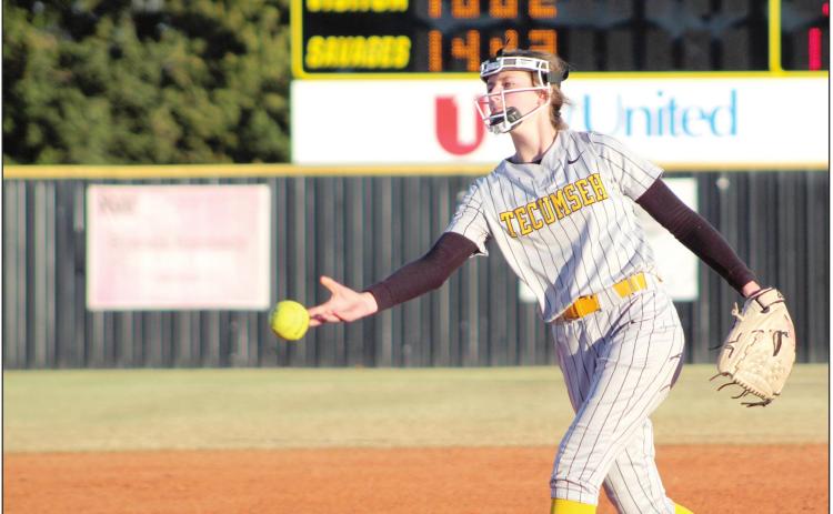 Tecumseh sophomore Emily Gage pitches during the home slowpitch game against Morrison on March 18. The Lady Savages won 11-3 in the fourth inning. Countywide &amp; Sun/Natasha Dunagan