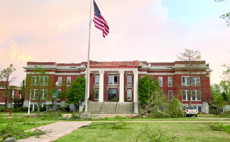 The devastating damage to Shawnee Hall is evident the morning after the April 19, 2023, tornado tore through Shawnee. Photo provided by OBU
