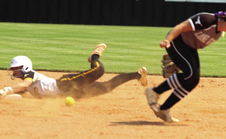 Tecumseh senior Cadence Leba steals second base and hangs onto it during the Dale-Tecumseh Tournament game against Lone Grove on Sept. 4. Natasha Dunagan, Countywide &amp; Sun