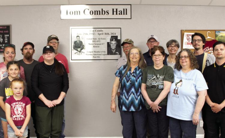 Family members of the late Air Force veteran Tom Combs traveled from Nebraska, Missouri, Altus and Moore for the rededication ceremony of the bingo hall at American Legion Post #16 in Shawnee on March 29. Natasha Dunagan, Countywide & Sun