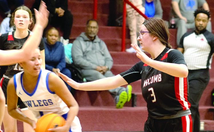 Macomb's Deja Givens plays defense against Bowlegs in the Class B District game at Macomb on Feb. 13. The Lady Hornets won, 48-37, but lost to Varnum on Feb. 15, 53-66. They will compete in the regional tournament on Feb. 21 at 1 pm against Roff at Varnum. Photos courtesy of Gio Rivera-Jimenez