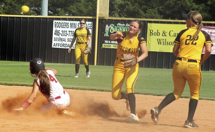Tecumseh senior Maddie Gray makes the tag and a double play at second base in the Sept. 4 home game against Purcell during the Dale-Tecumseh Fastpitch Tournament. Also shown are Josie Walker and Paisley Farris. The Lady Savages lost 0-8. Natasha Dunagan, Countywide &amp; Sun