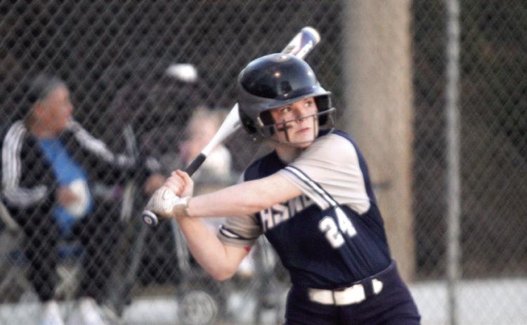 Asher sophomore Makaylee Harrell keeps her eye on the ball before hitting a single during the March 7 double header with Wewoka. Natasha Dunagan, Countywide & Sun
