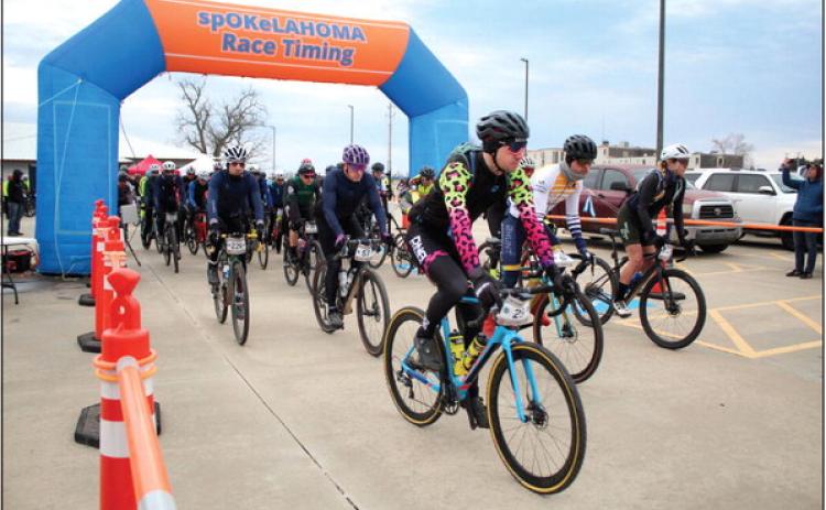 Leading the 260 bicyclists in the Oklahoma Gravel Growler are, from left, #226 Ismael Acosta, of the Dominican Republic; #19 Rob Bell, of OKC; #57 Jesse Baldwin, of Norman; #29 Tyler Stein, of Minneapolis, MN; #40 Gosse van der Meer, of Kranenburg, North Rhine-Westphalia, Germany; and #1 Alison Tetrick, of Petaluma, CA. In the Pro Men’s 85-mile division, Acosta placed first; Bell placed second; van der Meer placed fourth; Stein placed ninth; and Tetrick won first in the Pro Women’s 85-mile category, Feb. 4.
