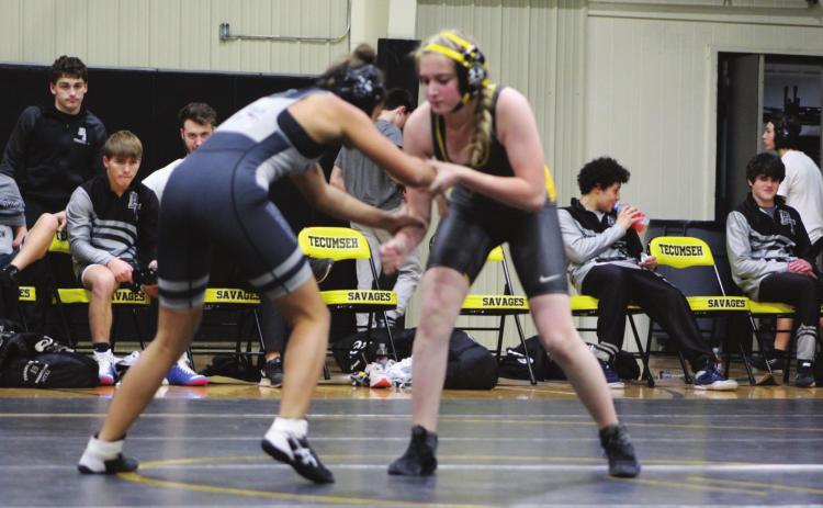 Tecumseh’s Kallie Kinslow, right, wrestles in an exhibition match during the dual meet against Perkins-Tryon on Jan. 4. Countywide &amp; Sun/Natasha Dunagan