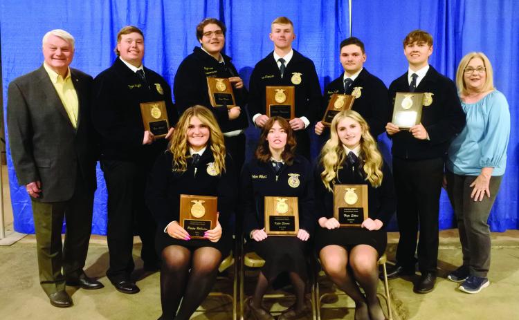 Gordon Richards Scholarship Award recipients pictured are front row from left: Poppy Robinson, Kylie Elmore, and Hope Sitton. Back row from left: Gordon Richards Jr., Bryce Wright, Gage Brown, Conner Thompson, Xander Risinger, Stephen Wickerd, and Jamie Barrick. Countywide & Sun/Suzie Campbell