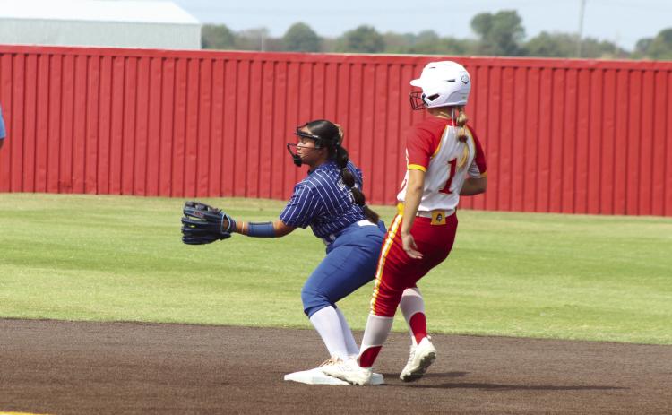 Dale sophomore Lainey Wilson lands on second base after hitting a double in the Sept. 24 home game against Hooker during the Class B Fastpitch Regional Tournament. The Lady Pirates won, 12-0, and also beat Mangum that day, 10-2. Then, on Sept. 25, they became the Regional champions, after winning their second game against Mangum, 14-0. Photos by Natasha Dunagan, Countywide &amp; Sun