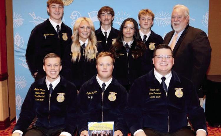 The 2025-26 Bethel FFA Officers pose with their Three-Star State Chapter Award, as well as two Oklahoma FFA state officers, at the COLT Conference earlier this month. They are, seated, State FFA Vice President Coy Davidson, Bethel FFA President Cayden Carpenter, State FFA President Cooper Kline, standing from left, Braxton Robbins, Rianne Tinsley, Jake Dickson, Makenzie Sullivan, Luke Hurt and Bethel FFA Advisor Dr. Brett Scott. Photo provided